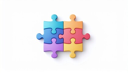 Colorful 3D puzzle pieces connected on white background, representing teamwork and solution