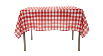 Red and white checkered tablecloth covering a table surface with black background