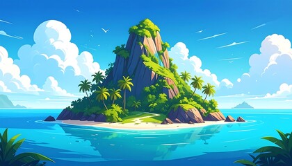 Serene tropical island paradise, azure sea and towering mountain peak in bright sunlight