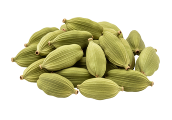 Pile of Whole Green Cardamom Pods Isolated on a White Background – High-Resolution Spice Photography
