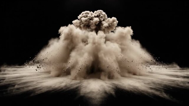 Powerful Dust Explosion In Dark Background Dramatic Impact Event With Scattered Debris And Mushroom Cloud Formation