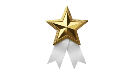 Golden star award with white ribbon isolated PNG, shiny metallic prize for achievements and recognition on transparent background