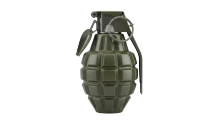 Olive drab hand grenade isolated PNG, military explosive device for combat and warfare simulations on transparent background