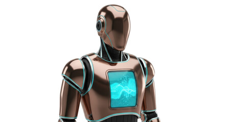 Futuristic bronze robot with glowing screen isolated PNG, advanced technology android for science fiction and artificial intelligence concepts