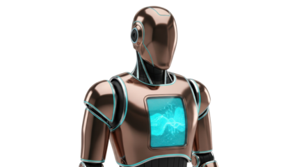 Futuristic bronze robot with glowing screen isolated PNG, advanced technology android for science fiction and artificial intelligence concepts