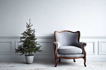 Fototapeta premium Simple interior with a potted evergreen tree and antique armchair.