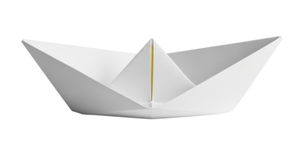 Paper boat isolated PNG on transparent background, origami ship for childhood and nautical themes, simple folded paper toy for creative projects