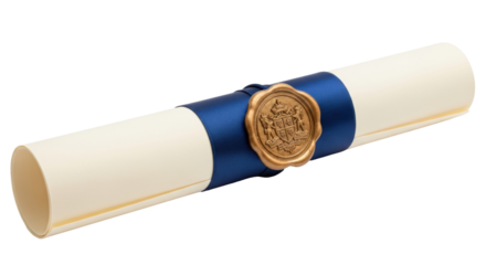 Rolled diploma with blue ribbon and wax seal isolated PNG, graduation certificate for education and academic achievement on transparent background