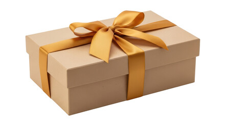 Beige gift box with golden ribbon isolated PNG, present for birthday or special occasion on transparent background