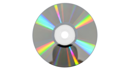Shiny compact disc isolated PNG on transparent background, optical data storage medium with rainbow reflection for music, video, and software