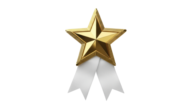 Golden star award with white ribbon isolated PNG, shiny metallic prize for achievements and recognition on transparent background - Powered by Adobe