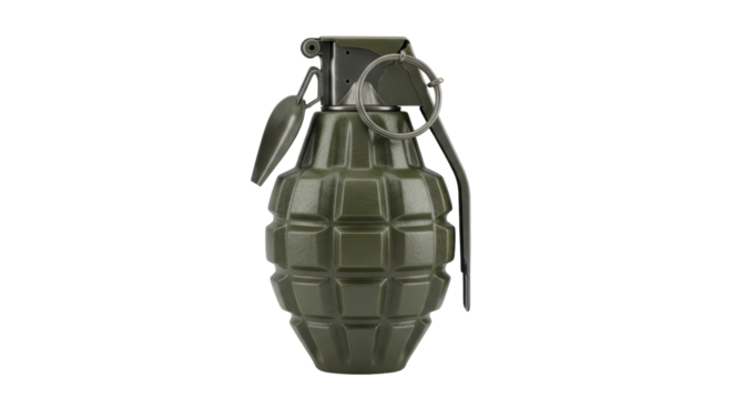 Olive drab hand grenade isolated PNG, military explosive device for combat and warfare simulations on transparent background