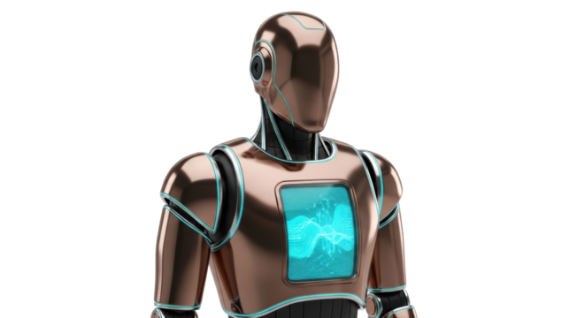 Futuristic bronze robot with glowing screen isolated PNG, advanced technology android for science fiction and artificial intelligence concepts