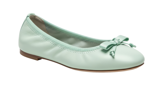Mint green ballet flat with bow isolated PNG, elegant leather ballerina shoe for women on transparent background