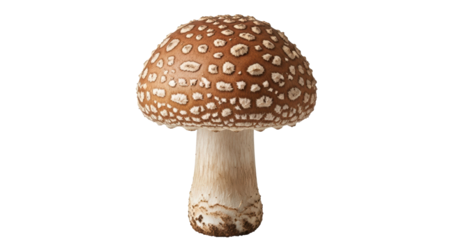 Panther cap mushroom isolated PNG on transparent background, brown poisonous fungus with white spots for nature and science projects