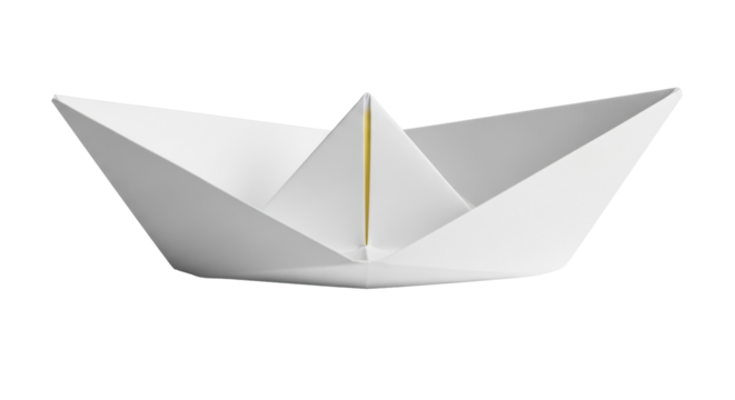 Paper boat isolated PNG on transparent background, origami ship for childhood and nautical themes, simple folded paper toy for creative projects