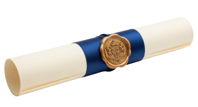Rolled diploma with blue ribbon and wax seal isolated PNG, graduation certificate for education and academic achievement on transparent background