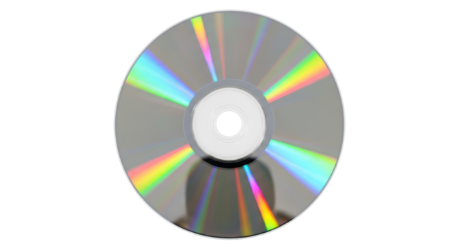 Shiny compact disc isolated PNG on transparent background, optical data storage medium with rainbow reflection for music, video, and software