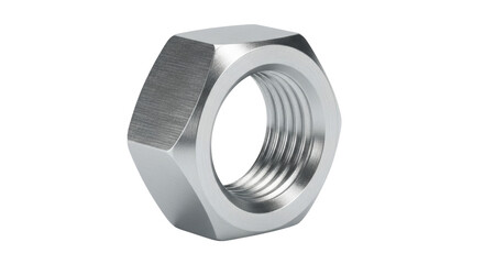 Metal hex nut isolated on transparent background PNG, industrial fastener component for mechanical engineering and construction