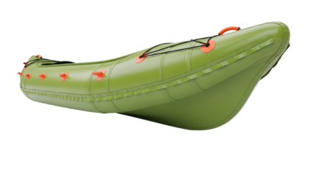Green packraft isolated PNG, inflatable lightweight single person boat for backpacking and wilderness adventures on transparent background