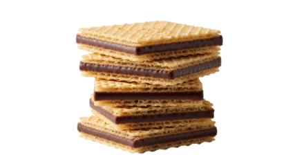 Stack of chocolate wafer cookies isolated PNG, crispy dessert snack with cocoa filling on transparent background, sweet treat for confectionery