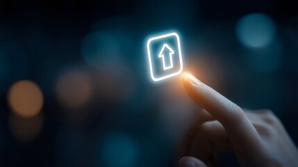 A close-up of a hand reaching for a glowing upload icon in a dark, blurred background.