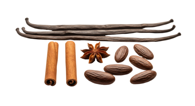 Aromatic spices isolated PNG, including vanilla beans, cinnamon sticks, star anise, and nutmeg on transparent background, culinary ingredients