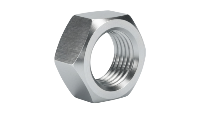 Metal hex nut isolated on transparent background PNG, industrial fastener component for mechanical engineering and construction