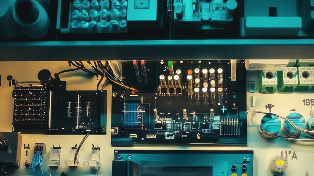 Detailed view of a complex electronic setup in a laboratory with various instruments and components