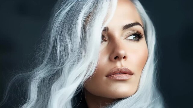 Captivating portrait of a woman with flowing silver hair against a dark background in a dramatic lighting setup
