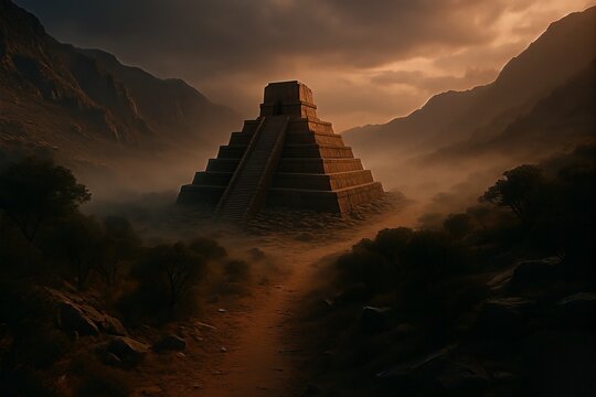 Ancient pyramid under stormy orange sky