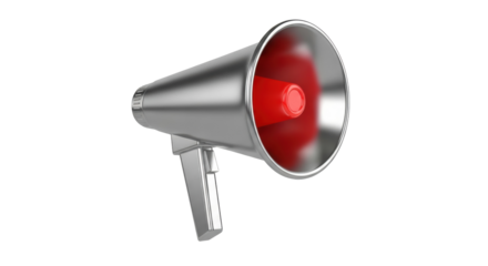 Silver megaphone PNG isolated on transparent background, public address system for announcements and emergency situations
