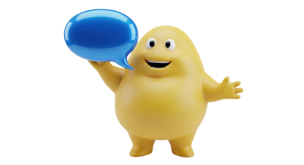Yellow cartoon character holding a blue speech bubble isolated PNG, friendly mascot on transparent background for communication and expression
