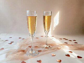 Two crystal glasses filled with sparkling drink sit on a table adorned with heart-shaped confetti and a soft fabric runner, creating a romantic atmosphere perfect for celebrations