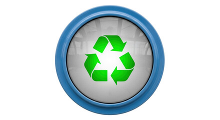 Recycle symbol in blue round frame isolated PNG, green arrows in circle for environmental protection and sustainability on transparent background