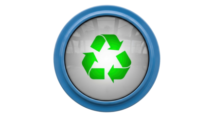 Recycle symbol in blue round frame isolated PNG, green arrows in circle for environmental protection and sustainability on transparent background