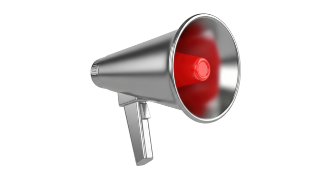 Silver megaphone PNG isolated on transparent background, public address system for announcements and emergency situations