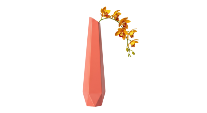 Elegant coral vase with yellow orchids isolated PNG, modern home decor and floral arrangement for interior design projects