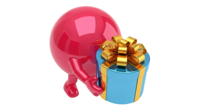 Red cartoon character holding a blue gift box with golden ribbon isolated PNG, present for birthday or special occasion - Powered by Adobe