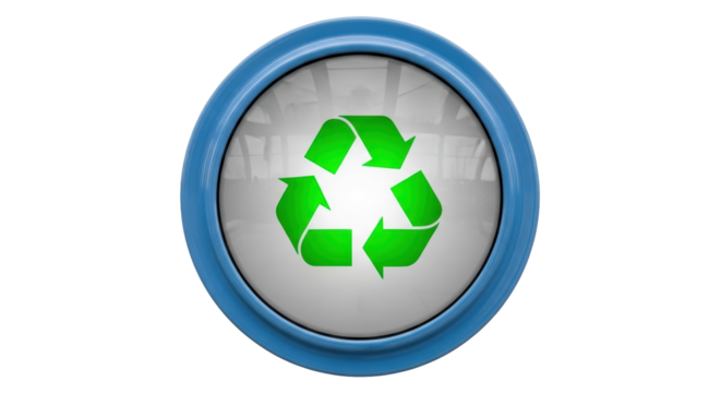 Recycle symbol in blue round frame isolated PNG, green arrows in circle for environmental protection and sustainability on transparent background