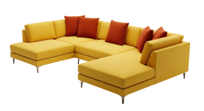 Modern yellow sectional sofa with orange pillows isolated on transparent background, contemporary couch PNG for interior design and home decor