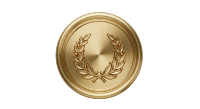 Golden laurel wreath coin PNG isolated on transparent background, victory symbol for awards, achievement and success in graphic design projects