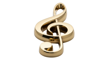 Golden treble clef isolated PNG on transparent background, musical symbol for music notation and design projects