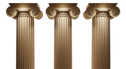Three Ionic columns isolated PNG on transparent background, classical architecture element for building design and historical representation
