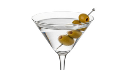 Classic martini cocktail with green olives isolated PNG, alcoholic beverage with gin or vodka on transparent background for bar menu and party invitations