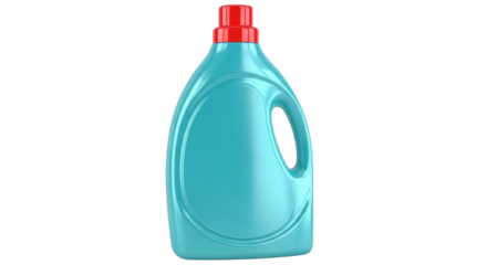 Turquoise laundry detergent bottle with red cap isolated PNG, household cleaning product on transparent background for design use