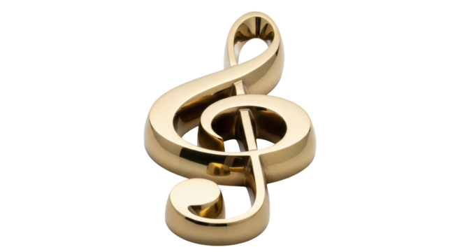 Golden treble clef isolated PNG on transparent background, musical symbol for music notation and design projects