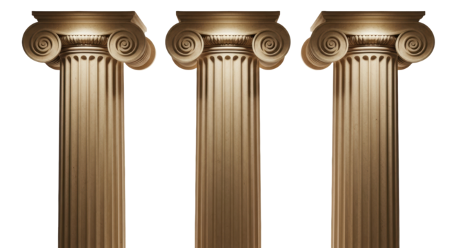 Three Ionic columns isolated PNG on transparent background, classical architecture element for building design and historical representation