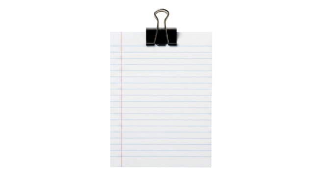 Lined notepad paper with binder clip PNG isolated on transparent background, stationery for notes and reminders - Powered by Adobe