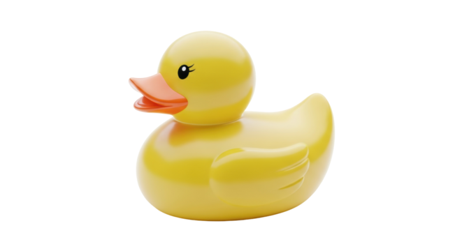 Yellow rubber duck isolated PNG, cute bath toy for kids and babies on transparent background, cheerful and playful design element